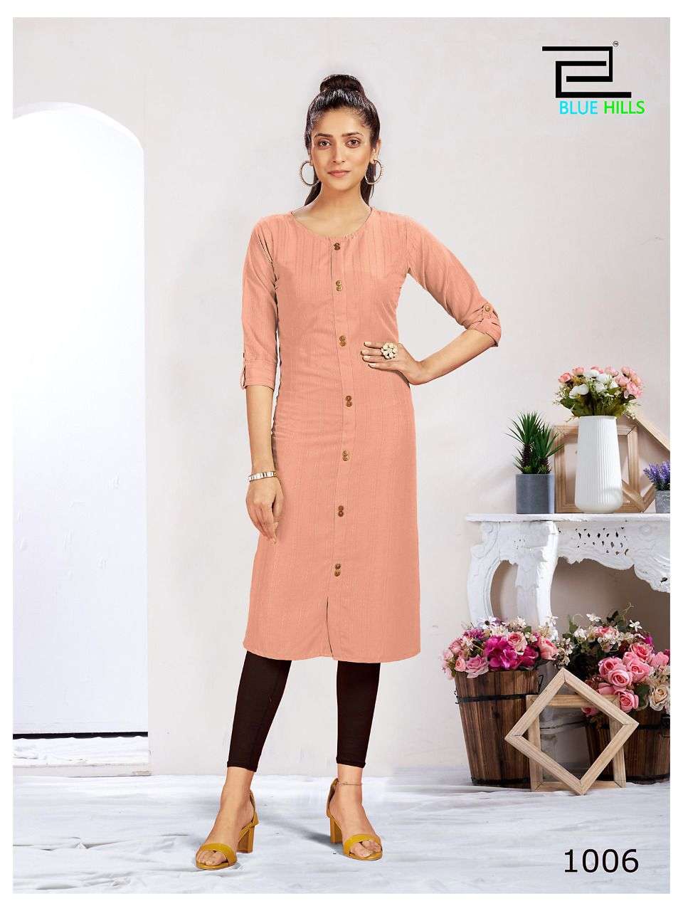 BLUE HILLS - VINTAGE - DOBBY PATTERN FABRIC SIDE CUT KURTI WITH BUTTON - 1006 - C